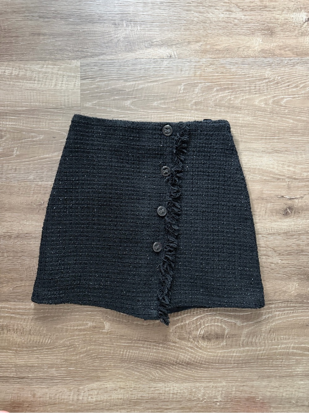 Fringed Button-Front Black Tweed Mini Skort